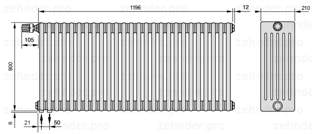 Схема (чертеж) Радиатор Zehnder Charleston 6090/26 №V001 Белый глянцевый RAL 9016